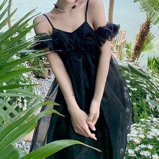 Spaghetti Strap Sheer Panel Midi A-line Dress