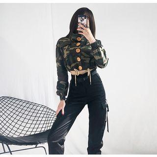 Cropped Stand Collar Camo Buttoned Jacket