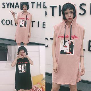 Sleeveless Hooded Print Long T-shirt