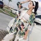 Set: 3/4-sleeve Floral Patterned Jacket + Wide-leg Pants