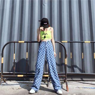Check High-waist Wide-leg Jeans