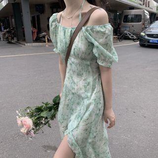 Cold-shoulder Floral Midi A-line Dress Green & White - One Size
