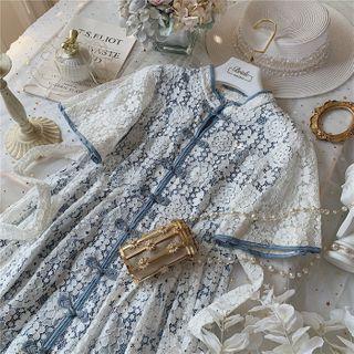Lace Short-sleeve Frog-button Mini A-line Dress