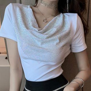 Rhinestone Drape-neck Short-sleeve Top