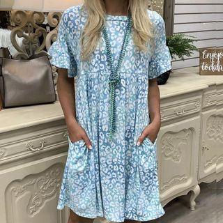 Lotus Sleeve Round Neck Leopard Loose Fit Dress