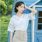 Embroidered Mesh Panel Elbow-sleeve Top