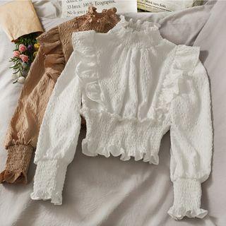 High-neck Ruffled-trim Smocked Crop Top