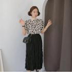 Set: Short-sleeve Leopard Print Knit Top + Midi Ruched Skirt