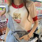 Contrast Trim Bear Embroidered Cropped T-shirt 28025 - Short-sleeve - White & Red - One Size