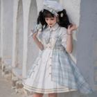 Short-sleeve Shirt / Plaid Overall Dress / Plaid Neck Tie / Beret / Set