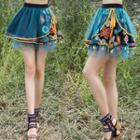 Floral Embroidered A-line Skirt Bluish Green - One Size