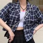 Short-sleeve Double Breasted Plaid Crop Shirt