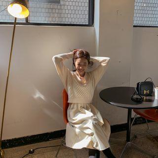 Set: Tie-back Sweater + Pinafore Dress Beige - One Size