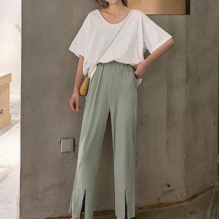 Open Back Elbow-sleeve T-shirt / Front-slit Cropped Straight-fit Pants