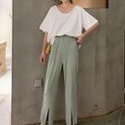 Open Back Elbow-sleeve T-shirt / Front-slit Cropped Straight-fit Pants