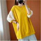 Elbow-sleeve Lace Panel Sweatshirt Yellow - One Size