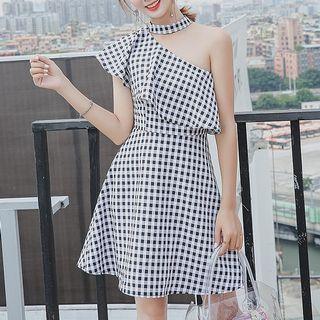 Ruffled One Shoulder Gingham A-line Dress