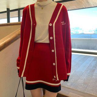 V-neck Letter Embroidered Cardigan / A-line Knit Skirt
