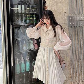 Puff-sleeve Tweed Paneled Buttoned Pleated Dress