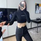Long-sleeve Lettering Embroidered Turtleneck Knit Crop Top