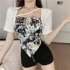 Short-sleeve Mock Two-piece Print Asymmetric Top