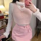 Fluffy Trim Heart Cutout T-shirt