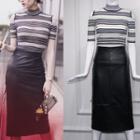 Cutout Striped Top / Faux-leather Midi Skirt