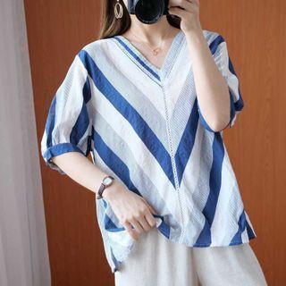 Puff-sleeve Chevron Stripe Blouse