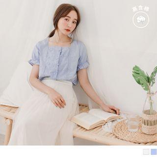 Short-sleeve Square Collar Mesh Panel Top