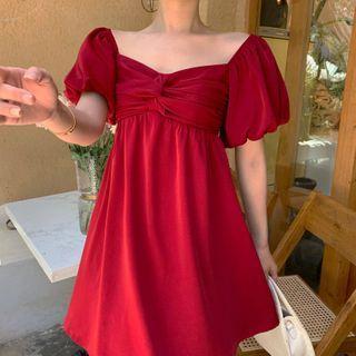 Puff-sleeve Tie-back Mini A-line Dress