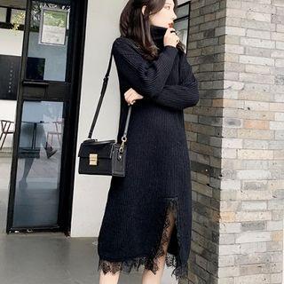 Long-sleeve Turtleneck Midi Knit Dress Black - One Size