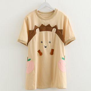 Embroidered Short-sleeve T-shirt Dress Khaki - One Size