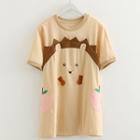 Embroidered Short-sleeve T-shirt Dress Khaki - One Size