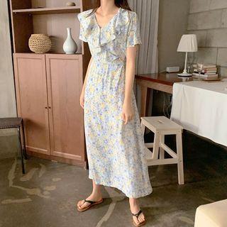 Short-sleeve Frill Trim Floral Midi A-line Dress