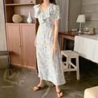 Short-sleeve Frill Trim Floral Midi A-line Dress