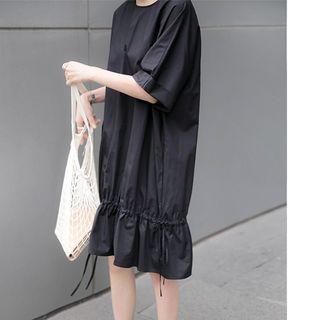 Drawstring Elbow-sleeve Shift Dress