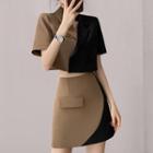 Set: Short-sleeve Two-tone Crop Jacket + Mini Skirt