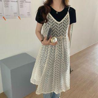 Spaghetti-strap Lace Midi A-line Dress White - One Size