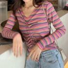 Long-sleeve Striped Drawcord Knit Top
