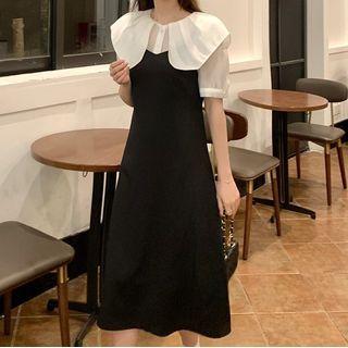 Short-sleeve Wide Collar Chiffon Blouse / Spaghetti Strap Midi A-line Dress