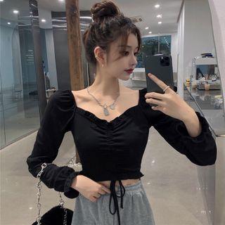 Square-neck Plain Lace Up Blouse