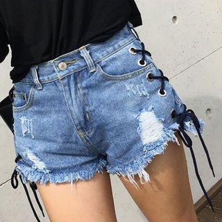 High-waist Lace Up-side Denim Shorts