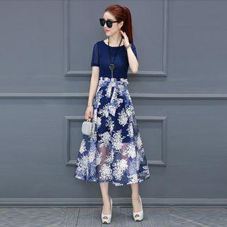 Set: Short-sleeve T-shirt Dress + Printed Mesh Skirt