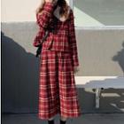 Plaid Button Jacket / Midi Skirt / Fleece Collar