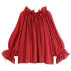 Long-sleeve Ruffled Tie-front Blouse Red - One Size