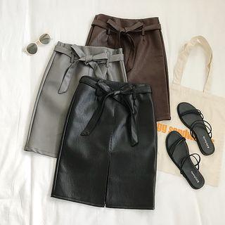 Faux-leather Slit-front Bow-accent Mini Skirt