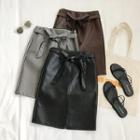Faux-leather Slit-front Bow-accent Mini Skirt