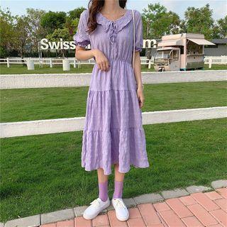 Collared Elbow-sleeve Tiered Midi A-line Crinkle Dress