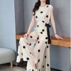 Set: Cap-sleeve Dotted Top + Wide-leg Pants