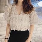 Elbow-sleeve Patterned Lace Top